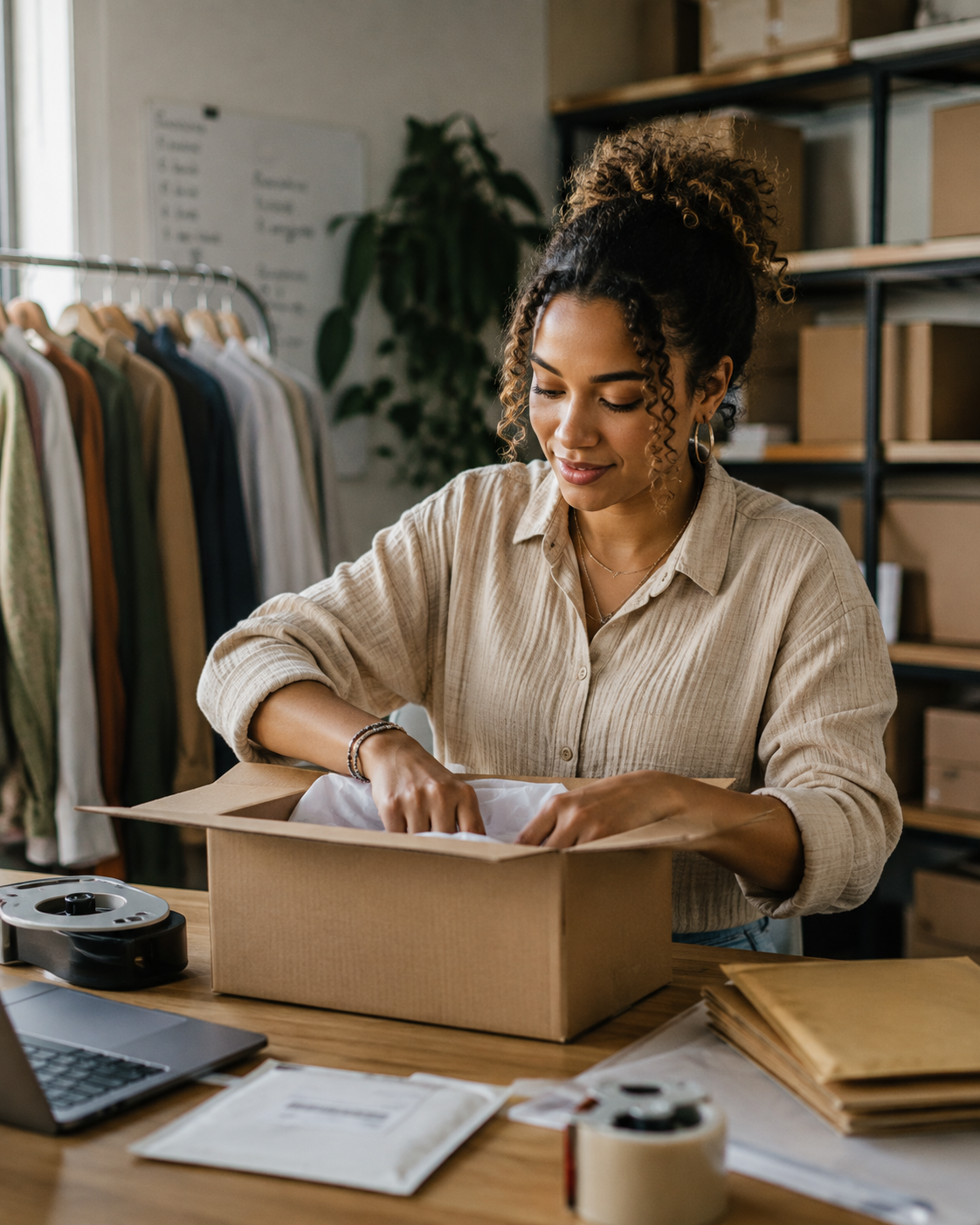 Solo e-commerce seller packing an order at home