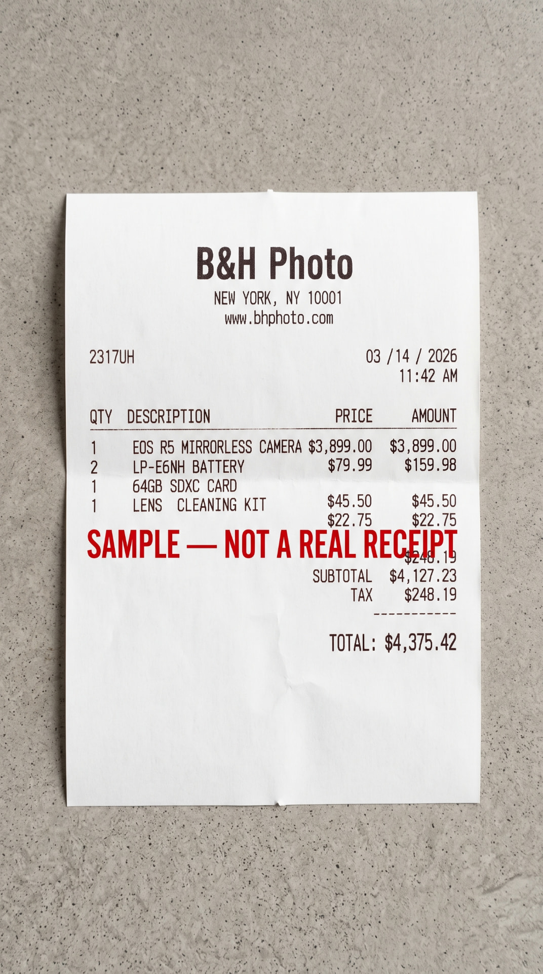 Sample scanned receipt from B&H Photo