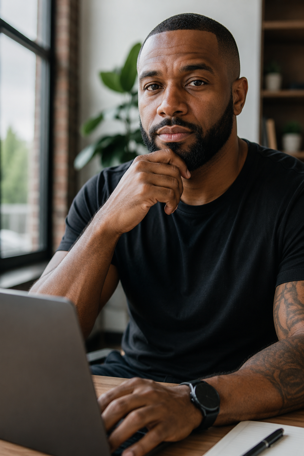 Freelance creator working at a laptop in a home studio